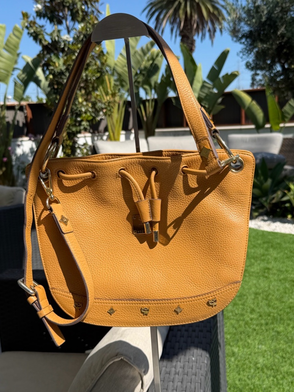 MCM Leather Drawstring Shoulder Bag in Mustarf
